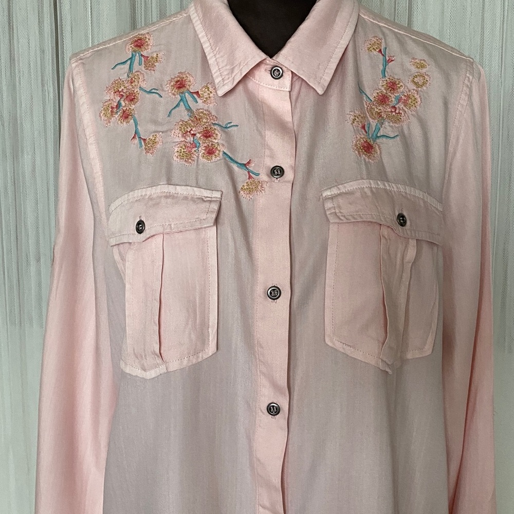Billy T Lyocell/CottonEmbroidered Pink Women's Button up Frey Hem Boho - Picture 9 of 17
